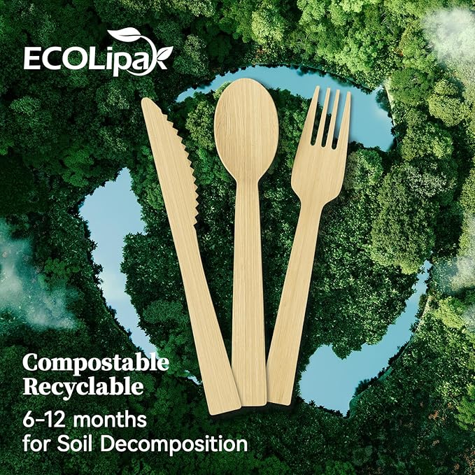 ECOLipak 300 Count Bamboo Cutlery Set, 100 Knives, Forks and Spoons each, No Splinters Disposable Cutlery Set Compostable Utensils for Party, Camping, Traveling, Family Dinners