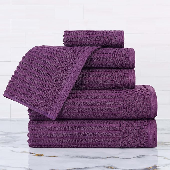 Cotton 6-Piece Solid and Ribbed Towel Set, Face Towels 13” x 13”, Hand Towels 16” x 28”, Bath Towels 27” x 54”, Plum by Superior