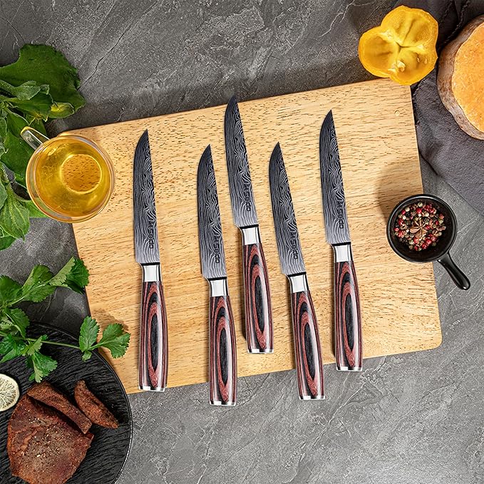 Seido Knives 5-Piece Straight-Edge Steak Knives Set - Full Tang with Ergonomic Pakkawood Handles, Stainless Steel Blades with Damascus Etching