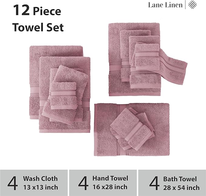 LANE LINEN Bathroom Towels Set of 12 – Zero Twist, 100% Cotton, 4 Bath, 4 Handtowel & 4 Washcloths, Luxury Hotel Design, Perfect for Salon & Guests, Machine Washable – Wishful Mauve