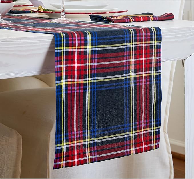 Solino Home Linen Plaid Table Runner 108 Inches Long - 100% Pure Linen Stewart Tartan Plaid Black Table Runner 14 x 108 Inch for Dining, Holiday, Winter, New Year