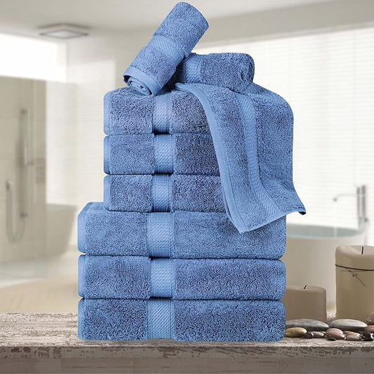 Superior Egyptian Cotton Pile 9 Piece Towel Set, Includes 3 Bath, 3 Hand, 3 Face Towels/Washcloths, Ultra Soft Luxury Towels, Thick Plush Essentials, Guest Bath, Spa, Hotel Bathroom, Denim Blue