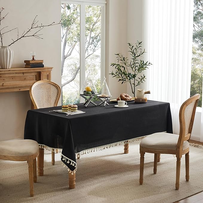 Linen Tablecloth with Tassels, Farmhouse Style Black Tablecloth, Water Resistant Burlap Tablecloths for Square Table, 60x60 Inch Black