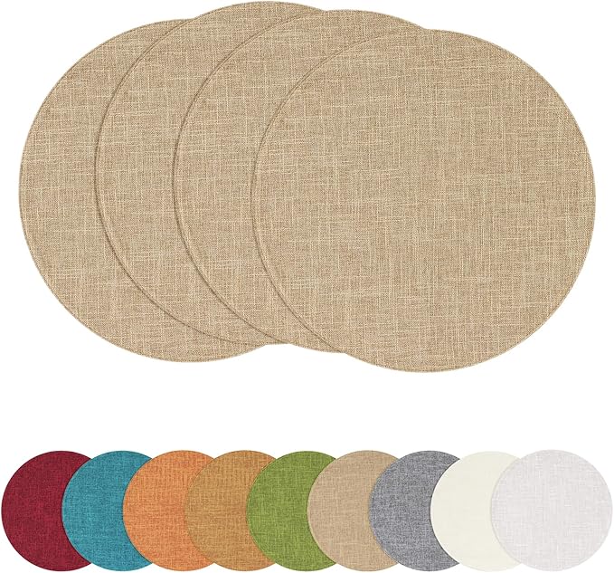 homing 15 Inch Round Cloth Placemats Set of 4, Cotton Linen Blend Washable Table Mats, Farmhouse Dining Place Mats for Indoors & Outdoors, Easy to Clean, Linen
