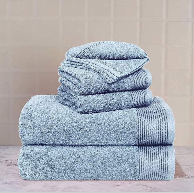 Belizzi Home 100% Cotton Ultra Soft 6 Pack Towel Set, Contains 2 Bath Towels 28x55 inchs, 2 Hand Towels 16x24 inchs & 2 Washcloths 12x12 inchs, Compact Lightweight & Highly Absorbant - Sky Blue