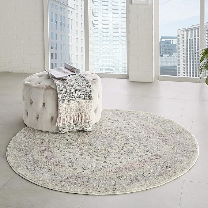 Nourison Home Tranquil Ivory/Pink 5'3" x Area Rug, Distressed, Bed, Living, Dining Room, Kitchen, Easy Cleaning, Non Shedding, (5' Round)