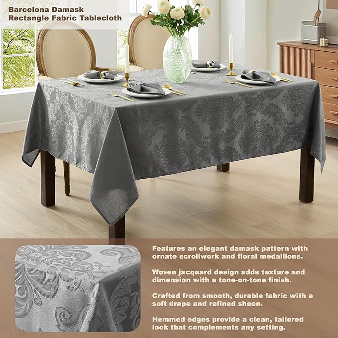 Newbridge Christmas Barcelona Damask Fabric Tablecloth, 60 x 102 Inch Rectangle, Grey – No Iron, Soil Resistant Table Cover for Dining, Parties and Holidays