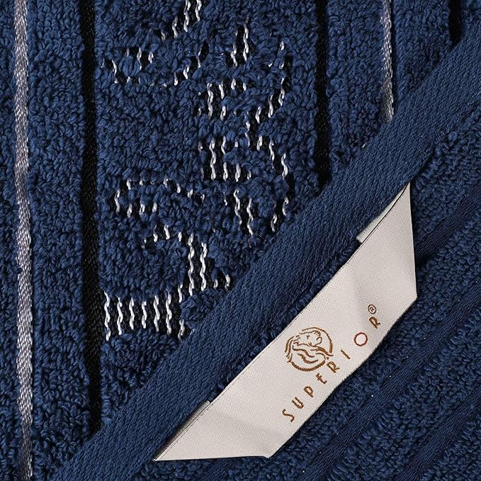 Superior Cotton 6 Piece Towel Set, 2 Bath, 2 Hand, 2 Washcloth/Face Towels, Quick Dry, Home Essentials, Shower, Spa, Luxury Plush Soft Absorbent Towels, Zero-Twist, Jacquard Floral, Navy Blue