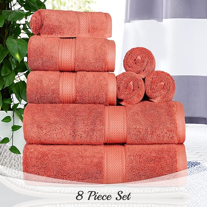 Superior Egyptian Cotton Pile 8 Piece Towel Set, Includes 2 Bath, 2 Hand, 4 Face Towels/Washcloths, Ultra Soft Luxury Towels, Thick Plush Essentials, Guest Bath, Spa, Hotel Bathroom, Coral