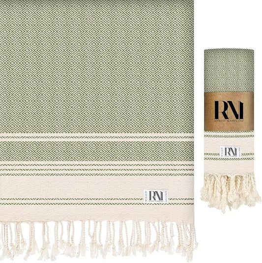 Refinery No. 1 Ottoman Diamond Weave Turkish Peshtemal Beach Bath Gym Yoga Towel 36” x 71”-Khaki Green