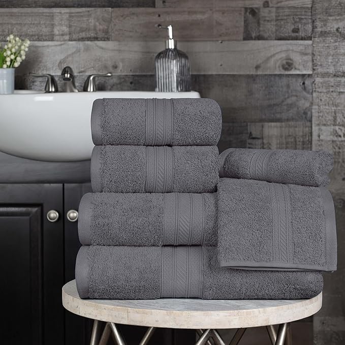 Superior 700 GSM Long Staple 100% Combed Cotton, Durable, Plush and Absorbent 6-Piece Single Ply Towel Set - Grey