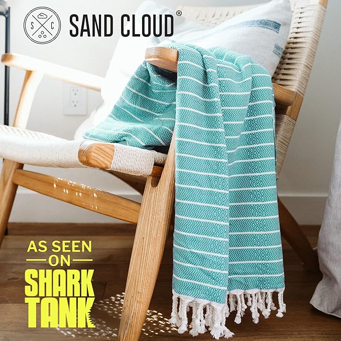 Sand Cloud Large Turkish Beach Towel - Sand Free - Fast Drying -100% Certified Organic Turkish Cotton Yarn - Great for Beach Bath or as a Blanket - As Seen on Shark Tank - Gocek (Mint) 37x69