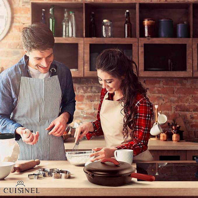 Cuisinel Cast Iron Skillet with Lid - 12"-inch Pre-Seasoned Covered Frying Pan Set + Silicone Handle & Lid Holders + Scraper/Cleaner - Indoor/Outdoor, Oven, Stovetop, Camping Fire, Grill Safe Cookware