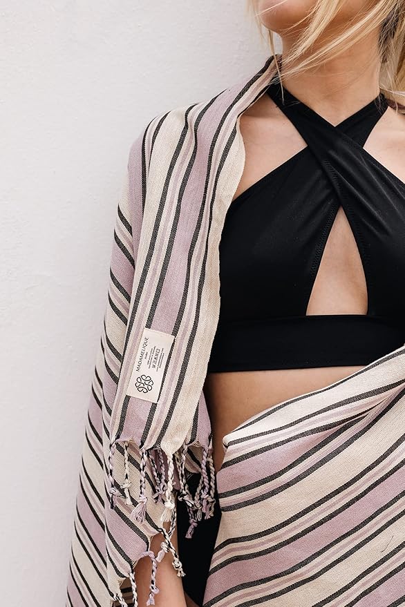 Madamelique Lavender Beach Towel with Beach Bag - 39 x 74 - Prewashed Cotton - Quick Dry - Sand Free - Hand Loomed Turkish Bath Towels