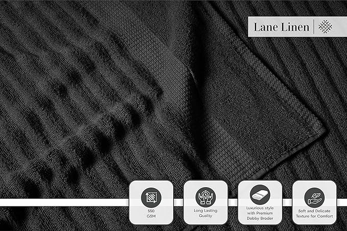 LANE LINEN 6-Piece Bath Towel Set – 100% Cotton, Quick Dry, Zero Twist, Ribbed, Luxury Towels, Includes 2 Large Bath Towels, 2 Hand Towels, 2 Washcloths, Premium Everyday Use - Black