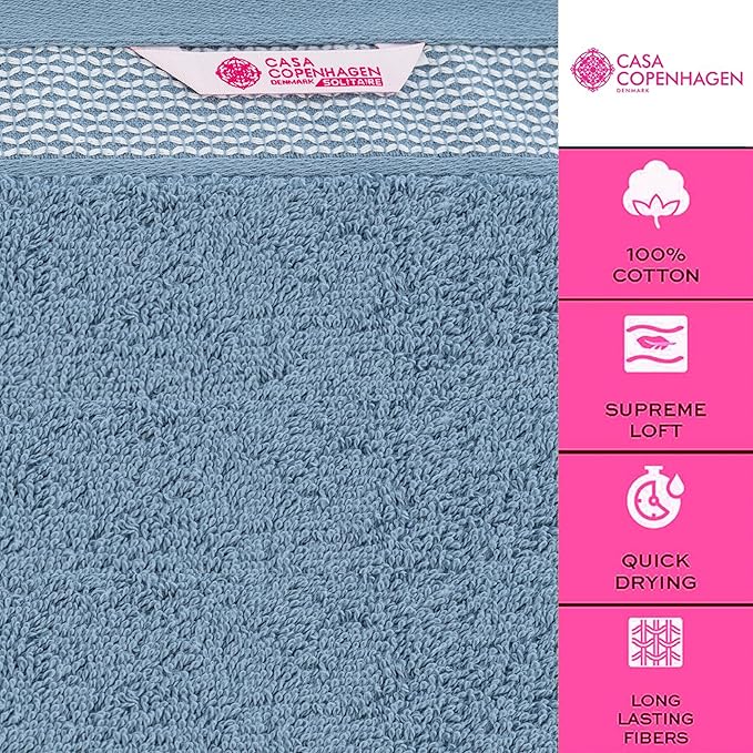 CASA COPENHAGEN Solitaire 6 Pieces Towel Set- Dusty Blue, 600 GSM 2 Bath Towel 2 Hand Towel 2 Washcloth, Designed in Denmark Made of Soft Egyptian Cotton for Bathroom, Kitchen & Shower
