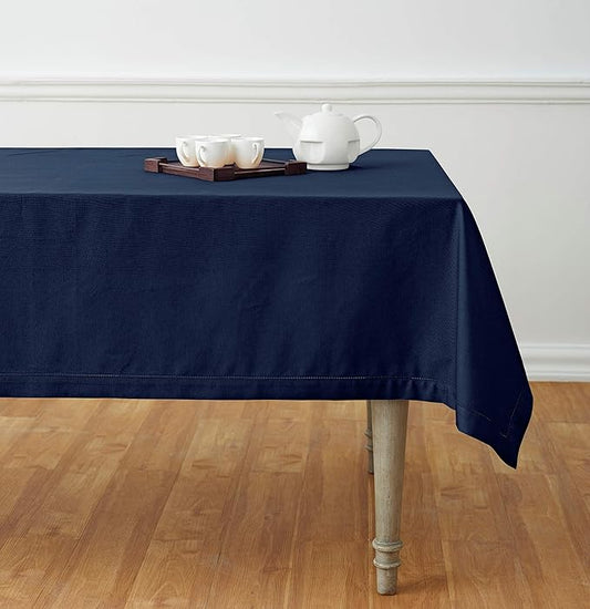 Solino Home Navy Blue Tablecloth 58 x 120 Inch - Cotton Linen Hemstitch Rectangular Tablecloth - Machine Washable Table Cloth for Holiday, Winter, New Year