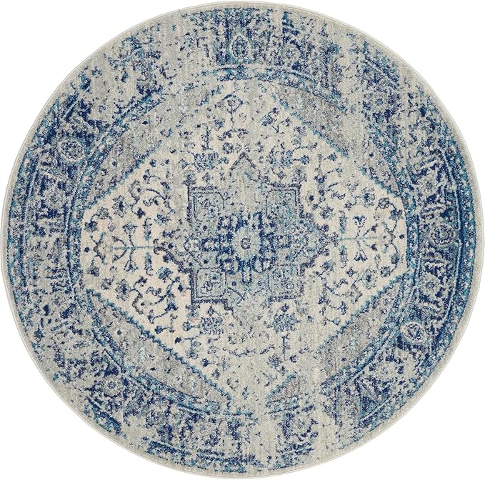 Nourison Home Tranquil Ivory/Light Blue 5'3" x Round Area Rug - Easy Clean, Non Shedding, Bed Room, Living Room, Dining Room, Kitchen (5' x Round)