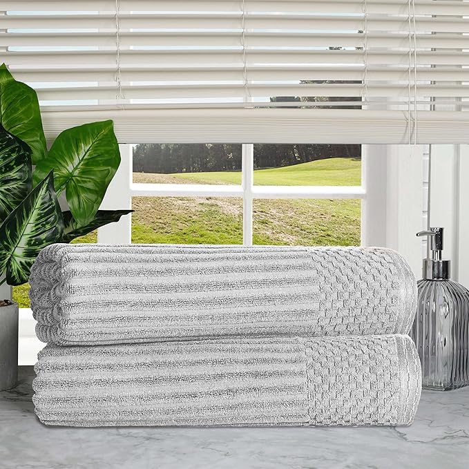 Cotton 2-Piece Solid and Ribbed Bath Sheet Set, Bath Sheets- 34" x 68", Silver by Superior