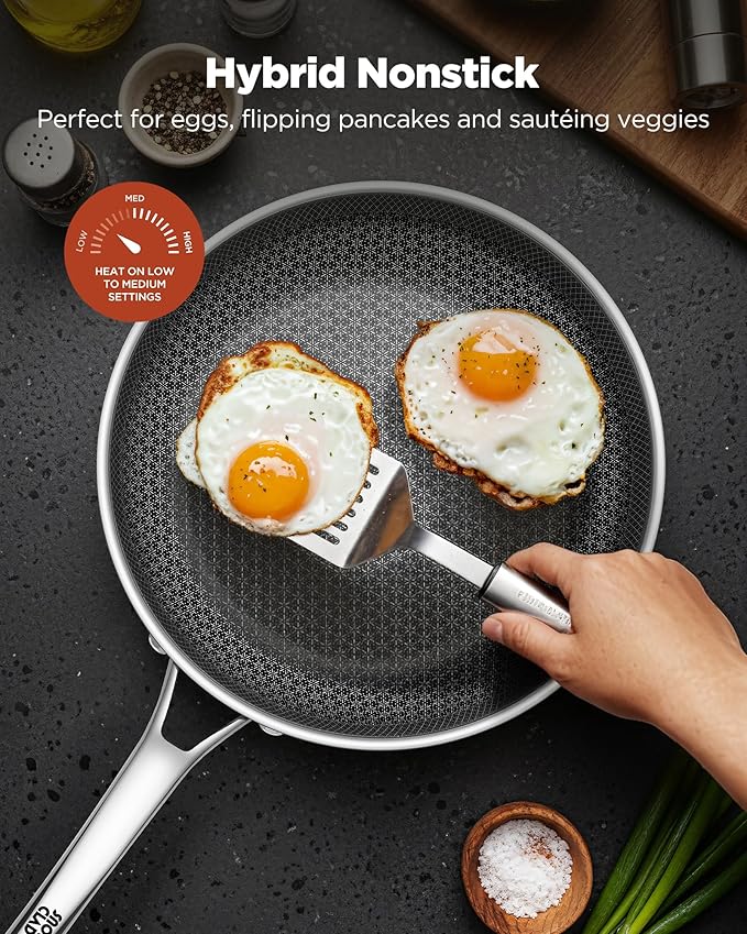 Non Stick Frying Pans, 12-inch with Lid, Hybrid Frying Pans Nonstick,non stick Skillets Stainless Steel, Dishwasher & Oven-Safe, Induction Compatible Cooking Pan, PFOA Free Cookware