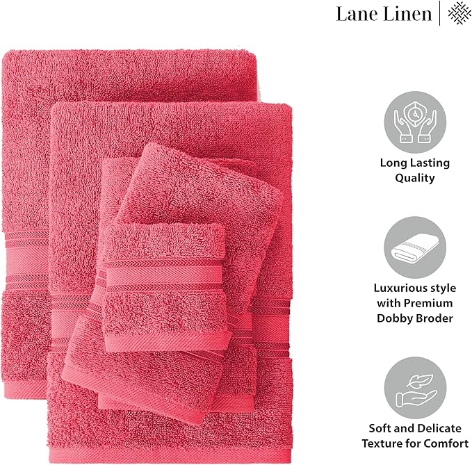 LANE LINEN Towels for Bathroom – 18 Pack, 100% Cotton, Zero Twist, 6 Bath, 6 Hand Towel & 6 Wash Cloths, Highly Absorbent, Luxury Hotel & Spa Quality, Machine Washable – Honeysuckle