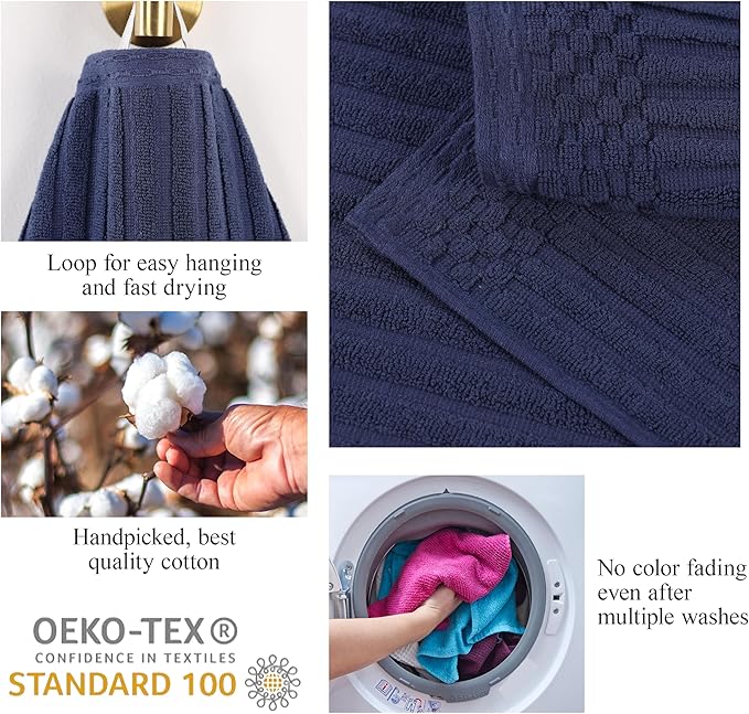 Superior Cotton Face Towel/Washcloth Set of 12, Daily Use for Bathroom, Guest Bath, Quick Dry Small Towels, Face, Hand, Gym, Spa, Hotel, Absorbent, Essentials, Ribbed, Soho Collection, Navy Blue