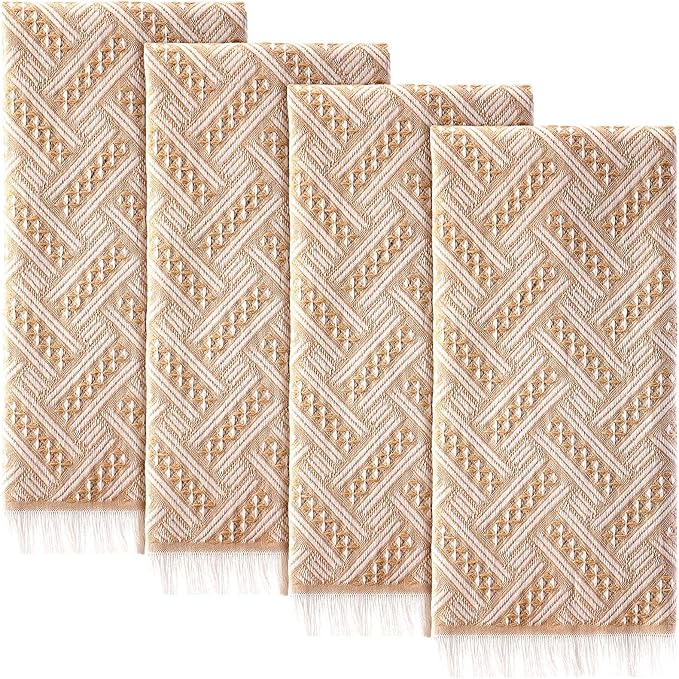 4 Pack Boho Bathroom Hand Towel 14 x 30 Inch 100% Turkish Cotton Decorative Boho Kitchen Hand Towel Farmhouse Bathroom Decor Set Absorbent Soft Guest Tea Gift(Brown,White)