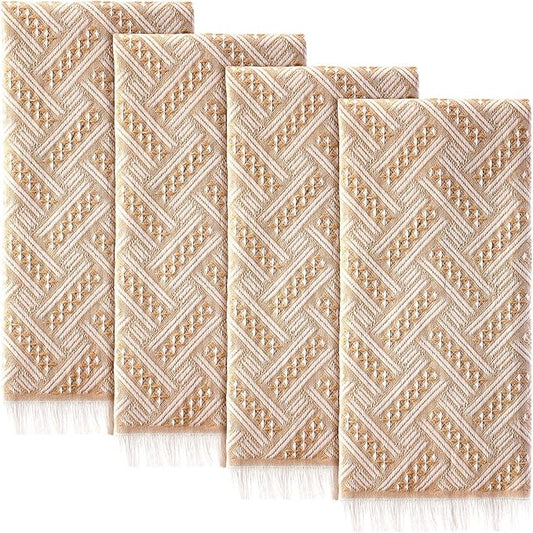 4 Pack Boho Bathroom Hand Towel 14 x 30 Inch 100% Turkish Cotton Decorative Boho Kitchen Hand Towel Farmhouse Bathroom Decor Set Absorbent Soft Guest Tea Gift(Brown,White)