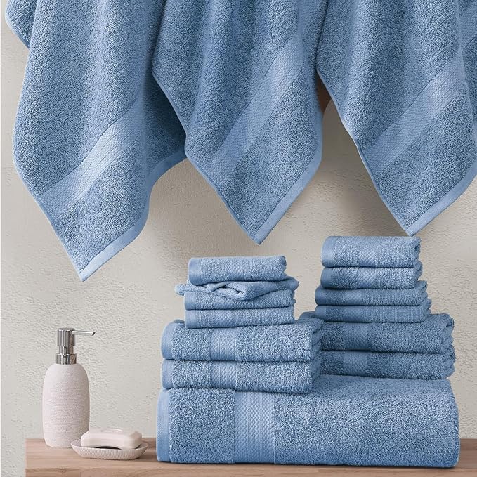 Lane Linen Bath Towel Set - 24 Pcs - Made From 100% Ring Spun Cotton - Quick Dry, Soft & Absorbent - 2 Bath Sheet, 4 Fingertip, 4 Bath, 6 Hand Towels, 8 Washcloth - Multipurpose Towels - Cerulean Blue