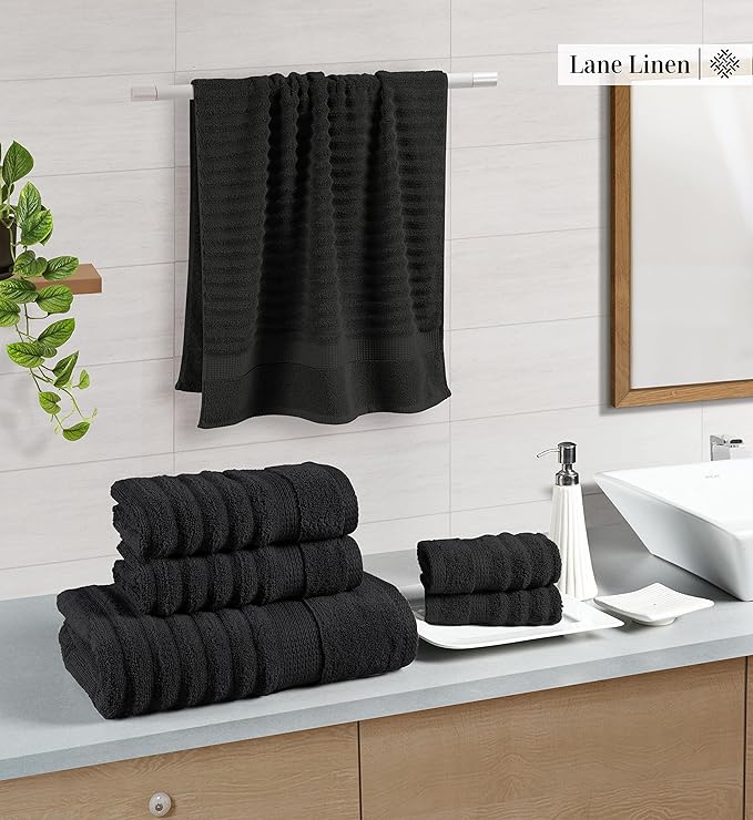 LANE LINEN 6-Piece Bath Towel Set – 100% Cotton, Quick Dry, Zero Twist, Ribbed, Luxury Towels, Includes 2 Large Bath Towels, 2 Hand Towels, 2 Washcloths, Premium Everyday Use - Black