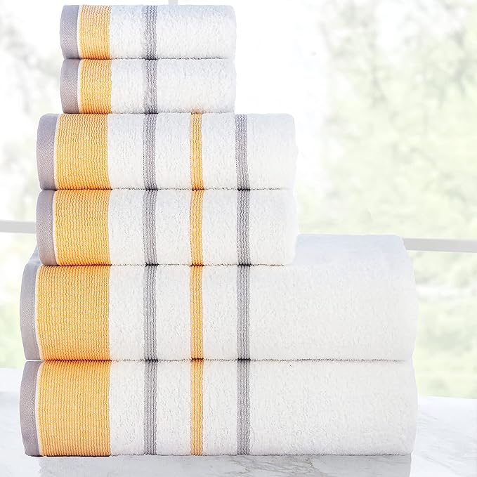 CASA COPENHAGEN White Bay, 6 Pieces Towel Set- White with Gold and Grey Border, 600 GSM, 2Bath, 2Hand, 2Washcloths Egyptian Cotton Towel for Hotel Spa Kitchen Bathroom Kitchen & Shower