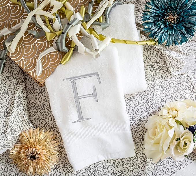 Monogrammed Hand Towels for Bathroom - Luxury Hotel Quality Personalized Initial Decorative Embroidered Bath Towel for Powder Room, Spa - GOTS Organic Certified - Set of 2 Letter F