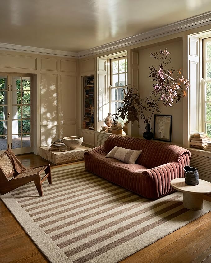 Loloi Leanne Ford Craven Collection CVN-05 Oatmeal/Bark 8'-6" x 11'-6" Area Rug Striped, Patterned, Neutral, Living Room, Bedroom, Dining Room