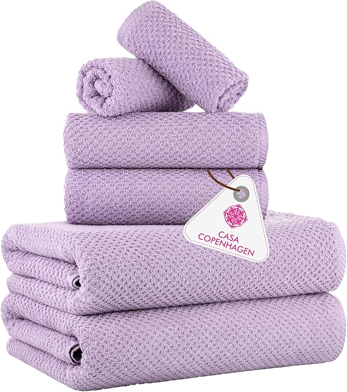 CASA COPENHAGEN Popcorn 6 Pieces Towel Set- Purple Rose, 600 GSM 2 Bath Towel 2 Hand Towel 2 Washcloth, Designed in Denmark Made of Soft Egyptian Cotton for Bathroom, Kitchen & Shower
