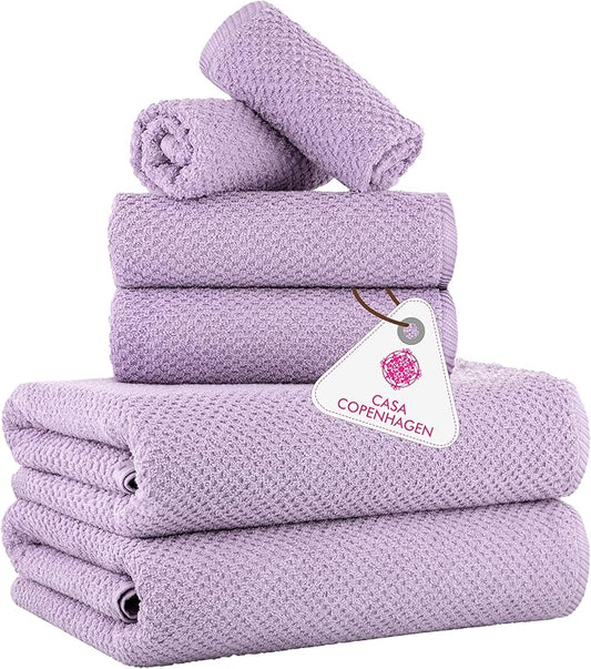 CASA COPENHAGEN Popcorn 6 Pieces Towel Set- Purple Rose, 600 GSM 2 Bath Towel 2 Hand Towel 2 Washcloth, Designed in Denmark Made of Soft Egyptian Cotton for Bathroom, Kitchen & Shower
