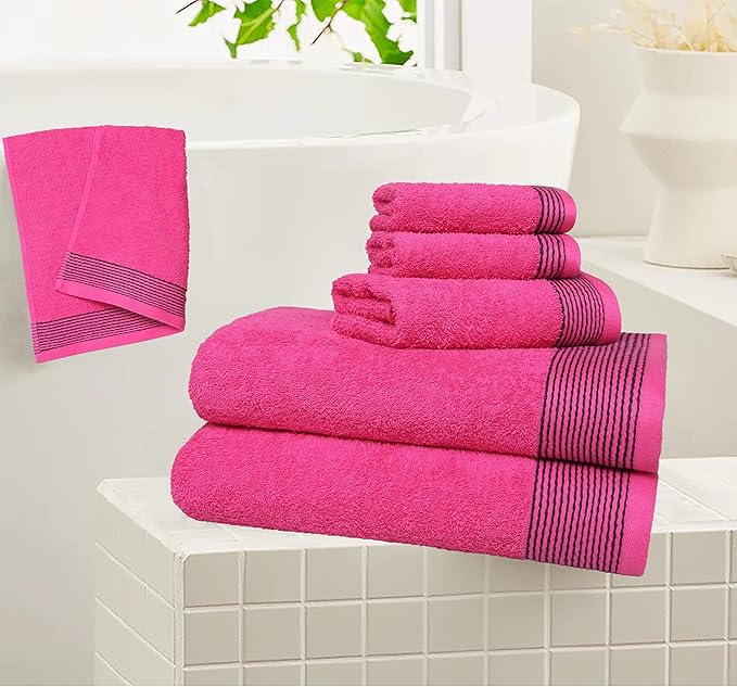 Belizzi Home 100% Cotton Ultra Soft 6 Pack Towel Set, Contains 2 Bath Towels 28x55 inchs, 2 Hand Towels 16x24 inchs & 2 Washcloths 12x12 inchs, Compact Lightweight & Highly Absorbant - Hot Pink