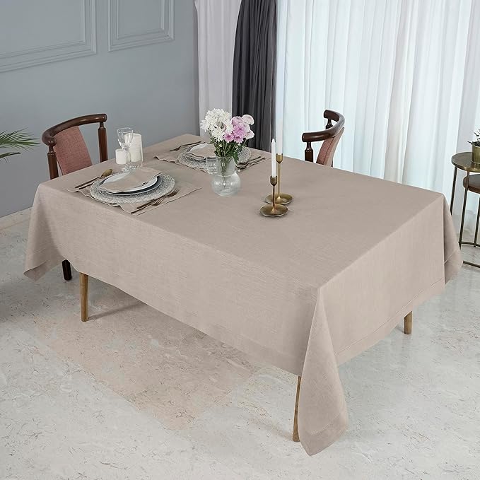 D'Moksha Homes Natural Linen Tablecloth for Rectangle Tables 60 x 144 Inch - 100% Pure Linen Natural Table Cloth - Classic Hemstitch, Machine Washable Dining Tablecloth for Winter, Holiday