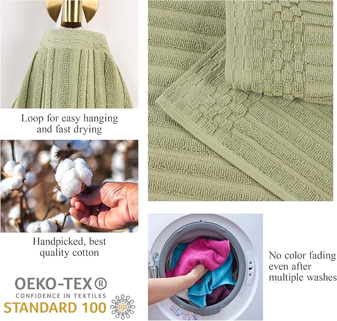 Cotton 8-Piece Solid and Ribbed Towel Set, Face Towels 13” x 13”, Hand Towels 16” x 28”, Bath Towels 27” x 54”, Sage by Superior