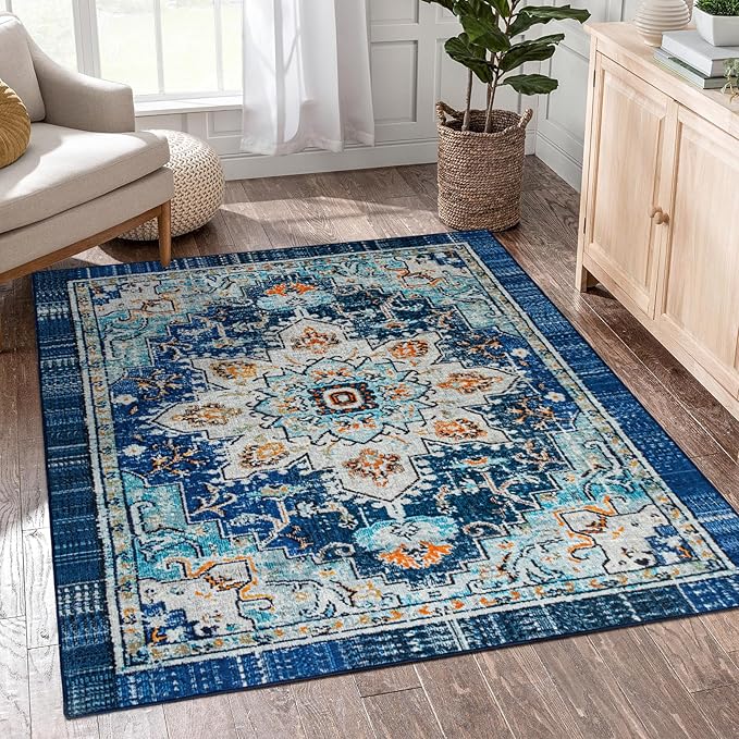 Easy-Going Area Rug 4x6 Washable Boho Rugs for Living Room Non-Slip Bedroom Rug Low Pile Lightweight Tangerine Vintage Throw Rug for Dining Room Kitchen Home Office Carpet, Floral Aqua Yellow