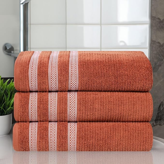 Superior Cotton Bath Towel Set, Zero Twist, Ribbed Geometric, Large Plush Absorbent Body Towels, Luxury Soft Quick Drying, Shower, Spa, Hotel, Pool, Guest Bathroom, Home Essentials, Set of 3, Rust