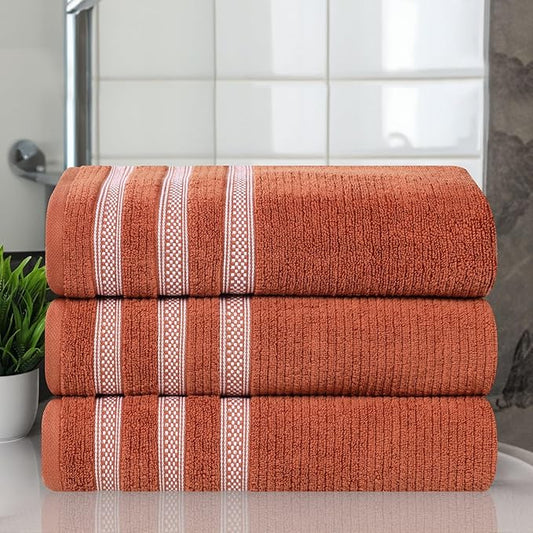 Superior Cotton Bath Towel Set, Zero Twist, Ribbed Geometric, Large Plush Absorbent Body Towels, Luxury Soft Quick Drying, Shower, Spa, Hotel, Pool, Guest Bathroom, Home Essentials, Set of 3, Rust