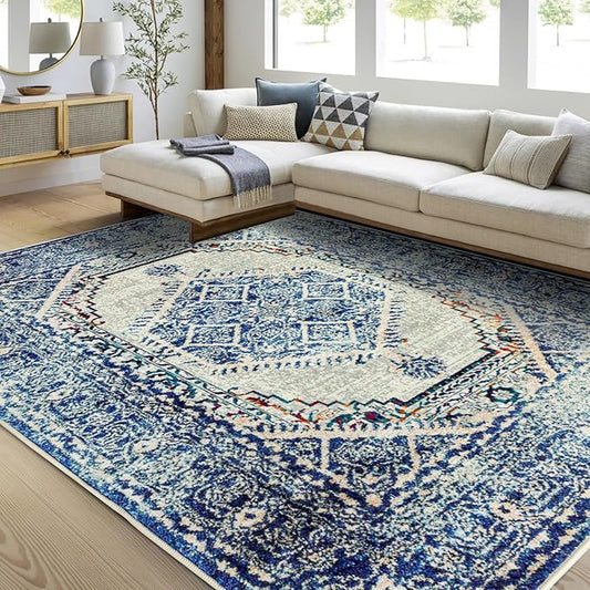 Easy-Going Area Rug 6x9 Washable Boho Rugs for Living Room Non-Slip Bedroom Rug Low Pile Lightweight Medallion Distressed Throw Rug for Dining Room Kitchen Home Office Carpet, Vintage Blue Cream