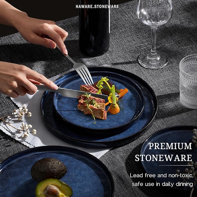 HaWare Dinnerware Sets, 12-Piece Plates and Bowls Set, Stoneware Dish Set for 4, Ceramic Dinnerware for Home Restaurant, Chip and Scratch Resistant, Microwave and Dishwasher Safe, Reactive Starry Blue