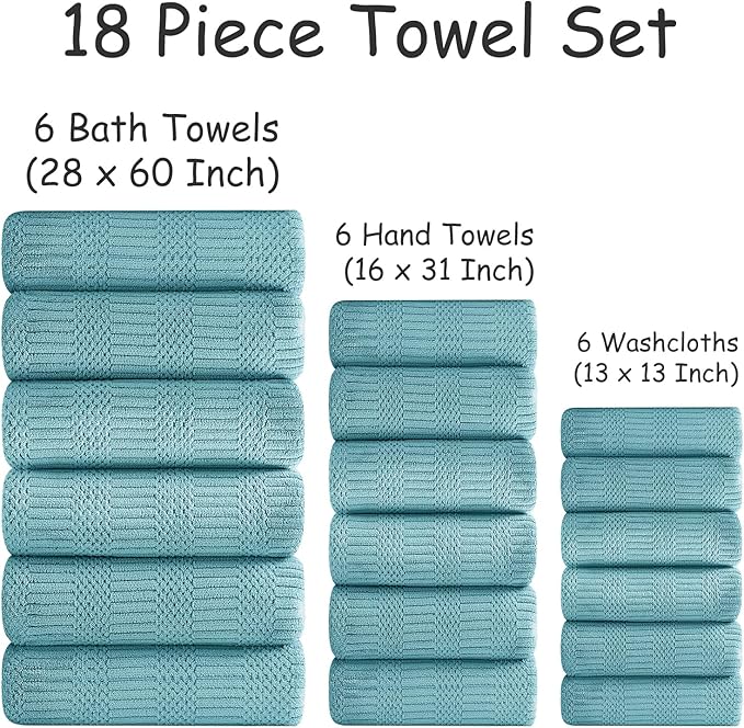 18 Pcs Turquoise Woven Family Towels Set-6 Bath Sheets,6 Hand Towels,6 Washcloths Soft Polyester Towels Absorbent Shower Towel Quick Dry Beach Chair Towel Lint Less Towels Set for Bathroom Spa Gym