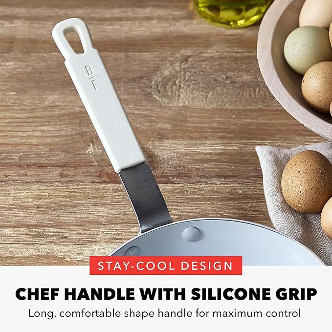 GreenPan x Bobby Flay 8" Nonstick Frying Pan Skillet, PFAS-Free Diamond Ceramic, Induction Suitable, Stay-Cool Silicone Handle, Easy Clean Dishwasher & Oven Safe, Egg & Omelet Pan, Cream