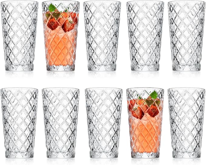 Glaver's Drinking Glasses - Set of 10-14oz. Highball Glass Cups - Dishwasher Safe Cocktail - Diamond Cut Shape - Tall Beer Glasses, Water Glasses, Bar Glass, Wine, Juice, Iced Tea