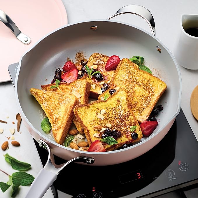 Tramontina All-in-One Plus Pan Set, 5-Quart Ceramic Non Stick Cooking Pan with Lid, Steamer Insert, Bamboo Utensil and Trivet, Pink