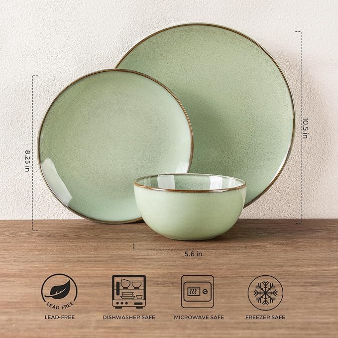 GBHOME Ceramic Dinnerware Sets for 4, 12 Pieces Stoneware Plates and Bowls Sets, Reactive Glaze Dishes -Scratch Resistant, Dishwasher&Microwave Safe-Pastel Green