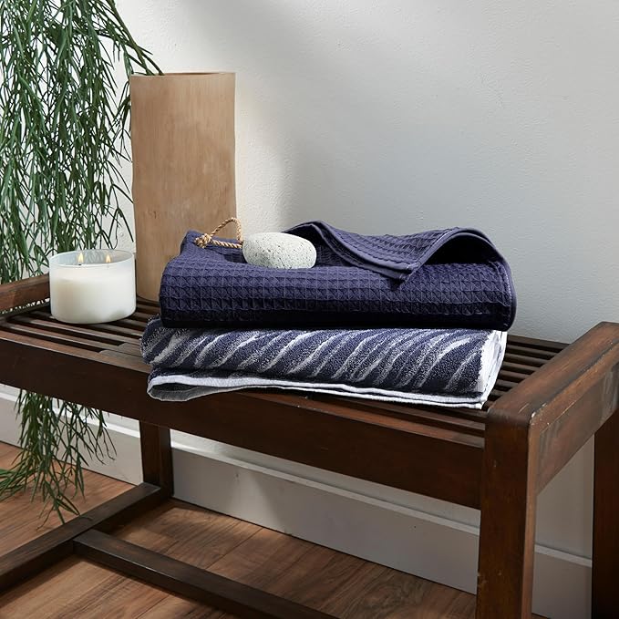 UCHINO Waffle Twist Cotton Weave Washcloth Towel for Bathroom Lightweight Absorbent Quick Dry Honeycomb Texture Solid Terry Loop Reverse 13" x 13", 1 Wash Cloth, Indigo