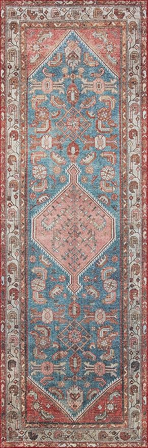 Loloi Layla Collection LAY-10 Marine/Clay 2'-6" x 12'-0" .13" Thick Runner Rug, Soft, Durable, Vintage Inspired, Distressed, Low Pile, Non-Shedding, Easy Clean, Printed, Living Room Rug